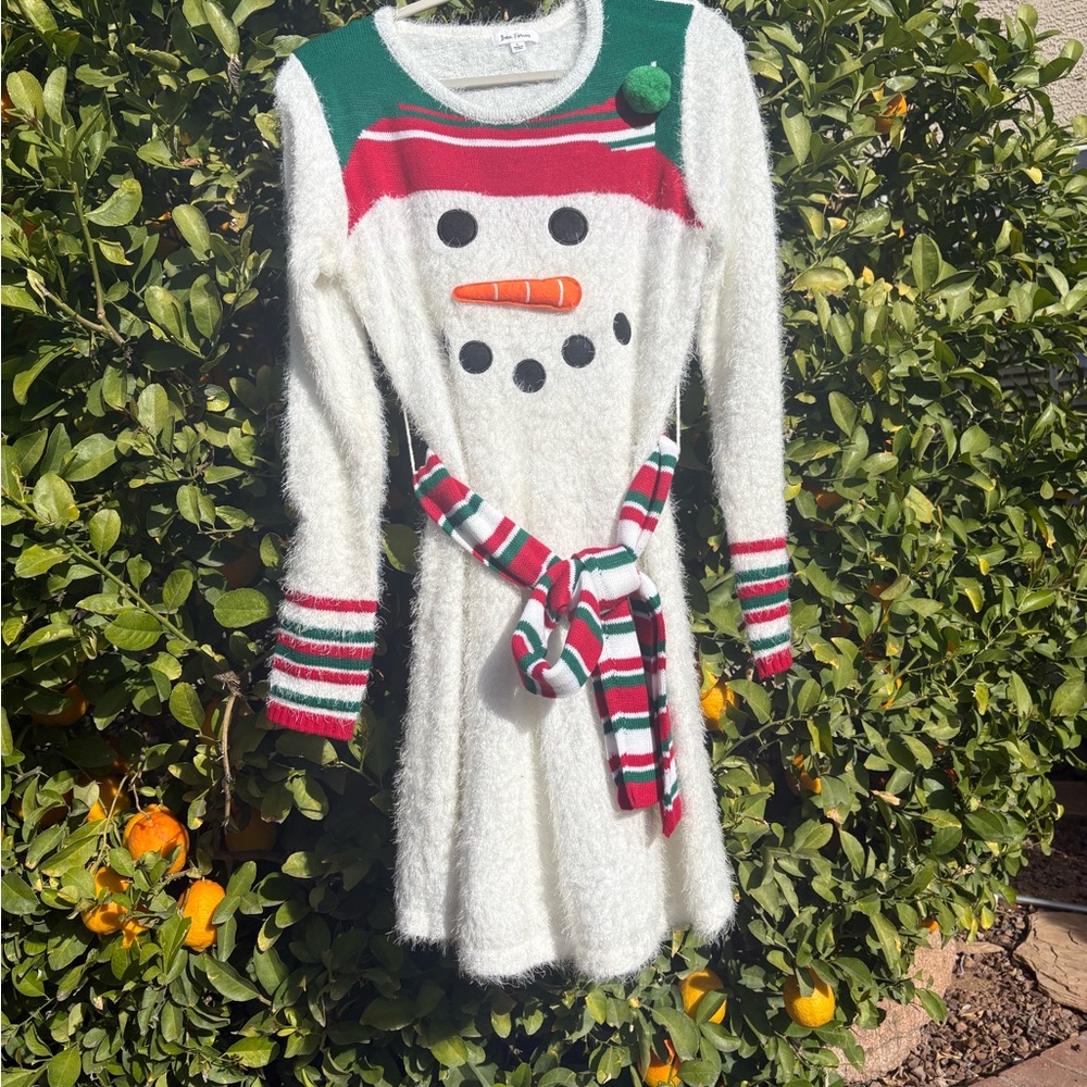 Festive Snowman Kids Dress - White, Green, Red